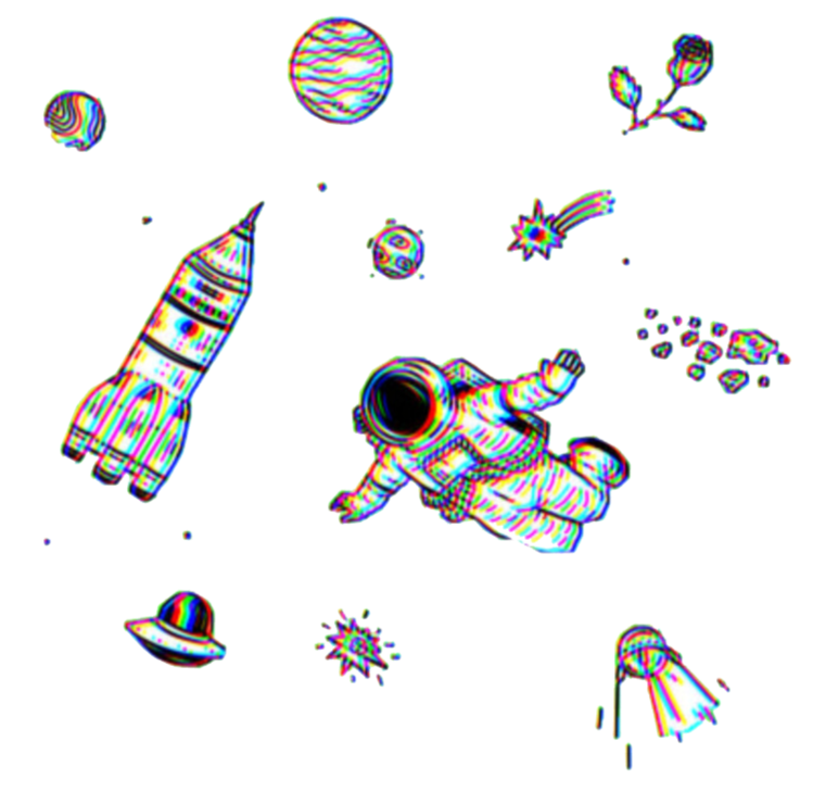 A png with various space things, such as an astronaut and planets. There is a slight glitch effect.
